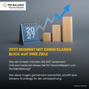 Ein Tischkalender mit der Jahreszahl 2027 steht neben drei ansteigenden Holzblöcken, über denen ein Pfeil nach oben weist. PEP BALANCE unterstützt Unternehmen mit KI-Tools dabei, Umsatz, Personalbedarf und Stundenleistung für die Jahresplanung gemeinsam zu planen.